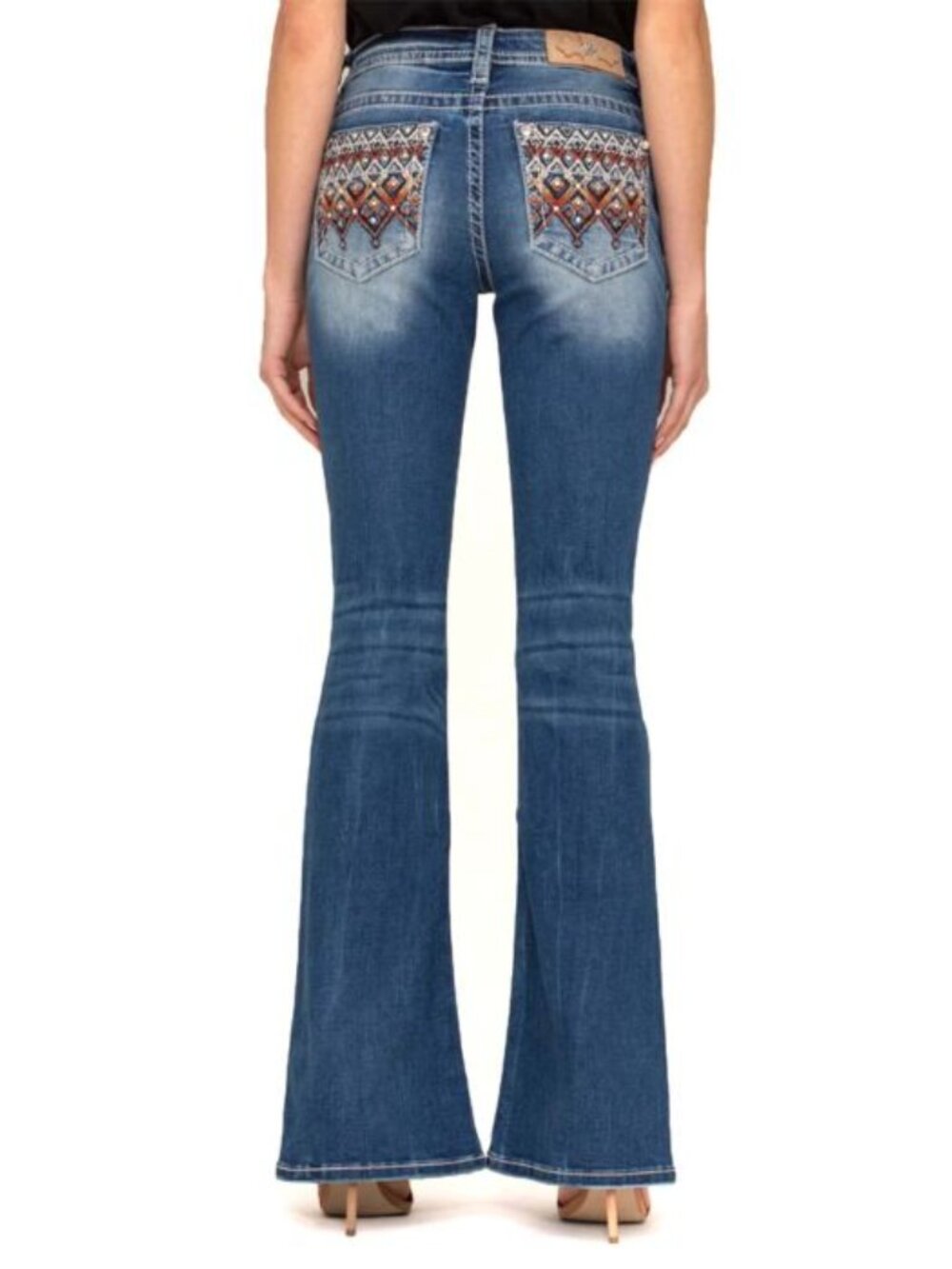 Miss Me - Women's Aztec Embroidered Mid-Rise Flare Denim Blue Jeans - 27 x 34